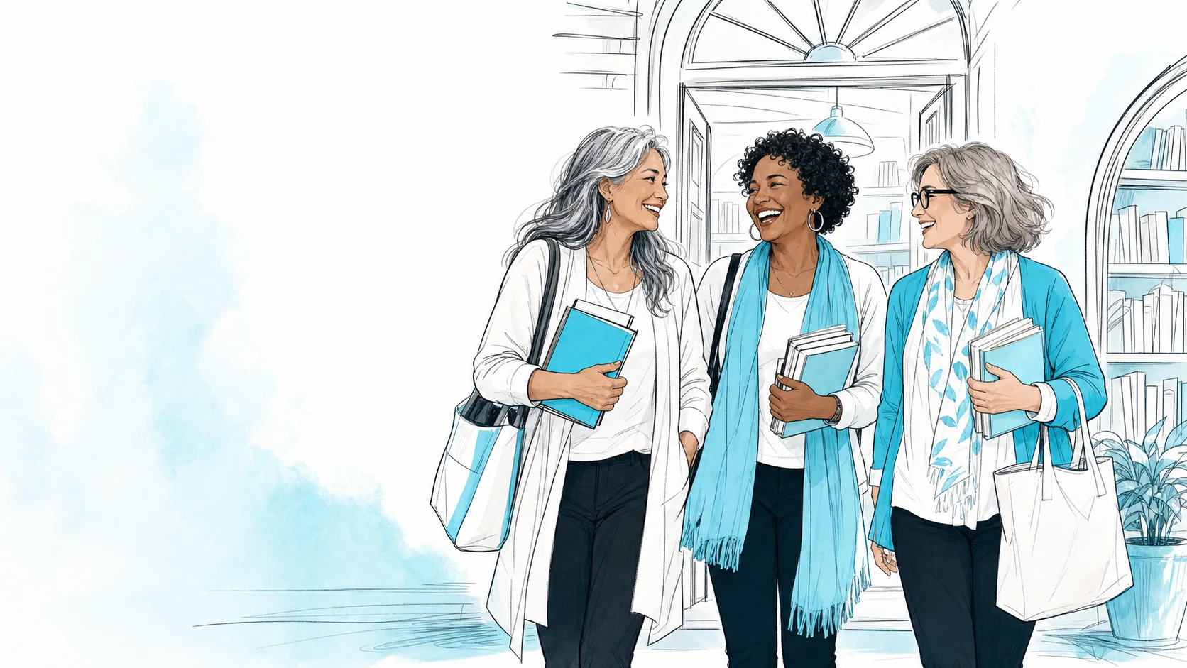 Three women leaving a bookshop together after a warm book-circle conversation